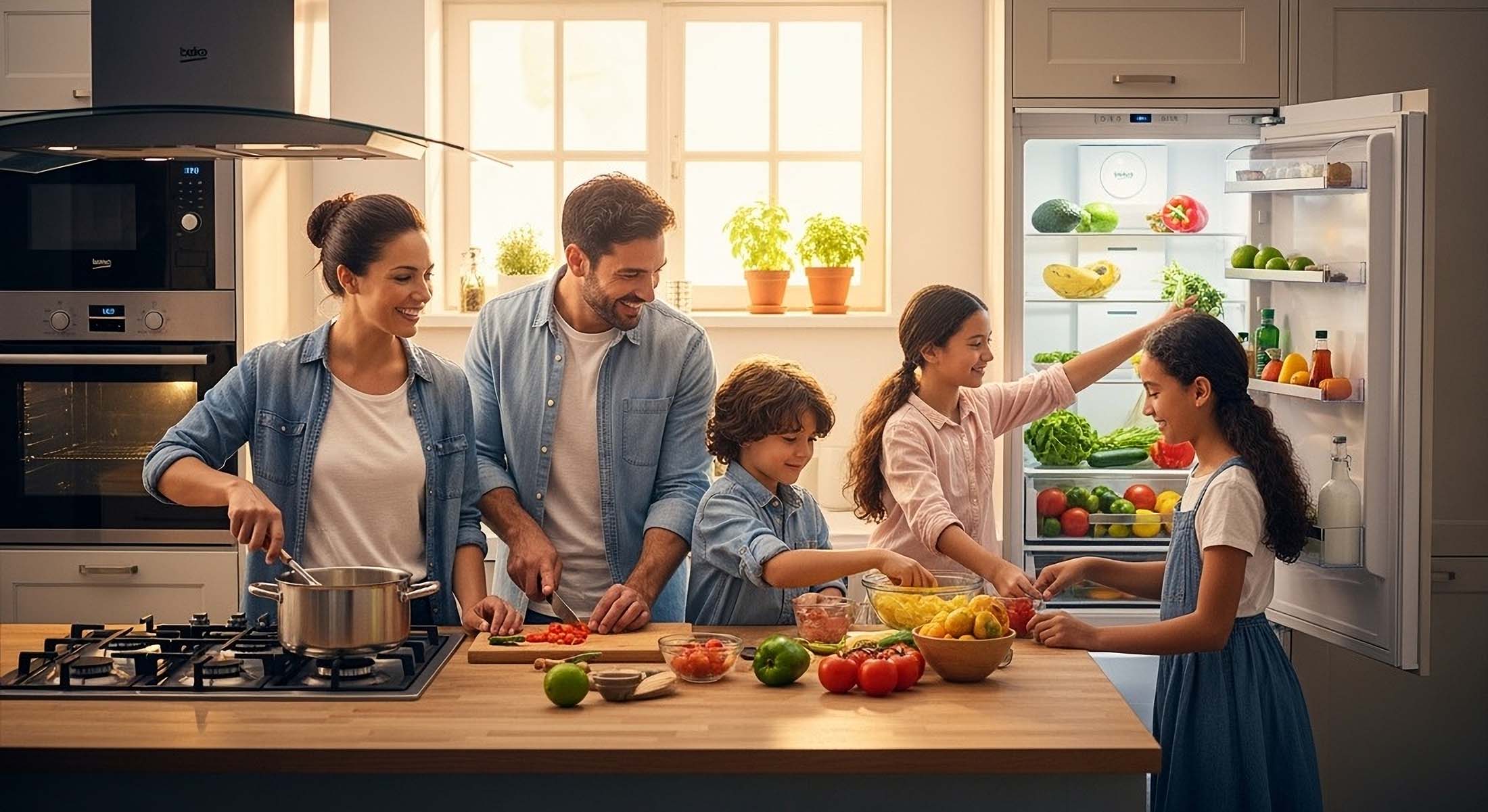 A family preparing a meal together.